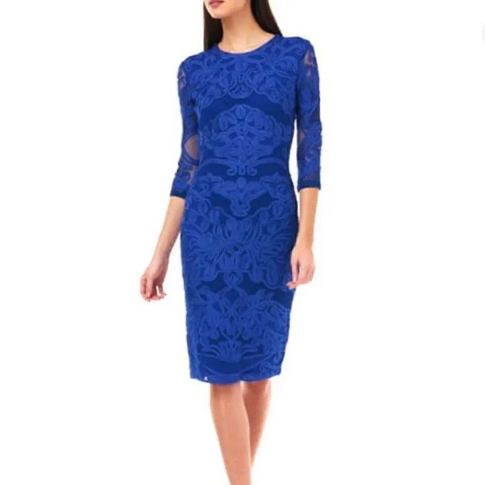 JS COLLECTIONS Women's Navy Blue Embroidered 3/4 Sleeves Dress Women’s Size 4